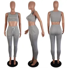 Solid Color Sport Tank Tops Two Piece Pants Set LSL-6494