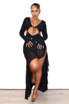 Long Sleeve Ruffles Split Maxi Dress QOUY-6061