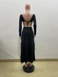 Long Sleeve Ruffles Split Maxi Dress QOUY-6061