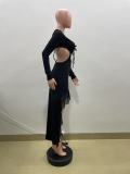 Long Sleeve Ruffles Split Maxi Dress QOUY-6061
