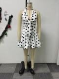 Plus Size Polka Dot Printed Strappy Lapel Puffy Dress NY-11010