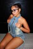 Sleeveless Zipper Denim Two Piece Short Set YMEF-53095