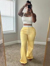Solid Color Drawstring Wile Leg Pants CH-25021