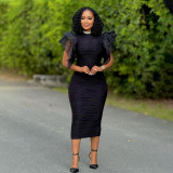Patchwork Ruffle Sleeve Midi Dress CYA-901302