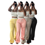 Solid Color Drawstring Wile Leg Pants CH-25021
