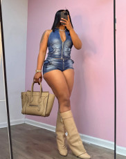 Fashion Zipper Sleeveless Denim Shorts Suit MEM-88642