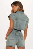 Color Block Short Sleeve Denim Two Piece Shorts Set YMEF-53085