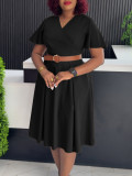 Plus Size V Neck Flare Sleeve Solid Color Midi Dress GMLF-3333