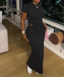 Fashion Hot Drilling Short Sleeve Long Skirt Two Piece Set HMS-5585