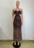 Leopard Print Wrap Chest Mesh Maxi Dress QODY-6060