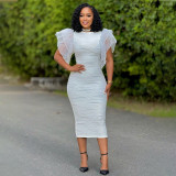 Patchwork Ruffle Sleeve Midi Dress CYA-901302