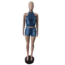 Fashion Zipper Sleeveless Denim Shorts Suit MEM-88642