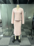 Plus Size V Neck Hot Drill Long Sleeve Split Skirts Two-piece Set NY-3591