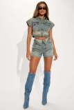 Color Block Short Sleeve Denim Two Piece Shorts Set YMEF-53085