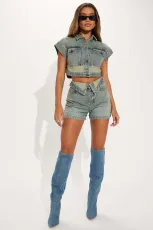 Color Block Short Sleeve Denim Two Piece Shorts Set YMEF-53085