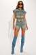 Color Block Short Sleeve Denim Two Piece Shorts Set YMEF-53085