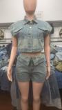 Color Block Short Sleeve Denim Two Piece Shorts Set YMEF-53085