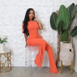 Solid Color One Shoulder Tassel Jumpsuit GCNF-0236