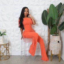 Solid Color One Shoulder Tassel Jumpsuit GCNF-0236