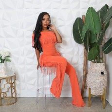 Solid Color One Shoulder Tassel Jumpsuit GCNF-0236