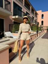 Long Sleeve Knits Hollow Out  Two Piece Shorts Set JPF-1099