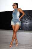 Sleeveless Zipper Denim Two Piece Short Set YMEF-53095
