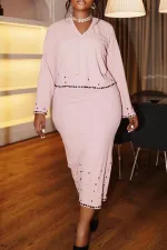 Plus Size V Neck Hot Drill Long Sleeve Split Skirts Two-piece Set NY-3591
