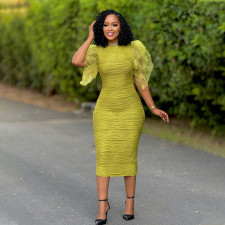 Patchwork Ruffle Sleeve Midi Dress CYA-901302