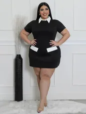 Plus Size Contrast Color Lapel Mini Dress SFY-916