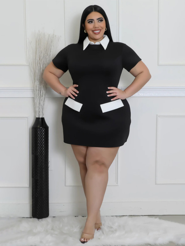 Plus Size Contrast Color Lapel Mini Dress SFY-916