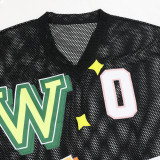 V Neck Mesh Letter Print T Shirts CYA-901722