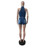 Fashion Zipper Sleeveless Denim Shorts Suit MEM-88642