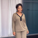 Plus Size V-shaped Lapel Long-sleeve Slim Pants Suit NY-11032