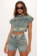 Color Block Short Sleeve Denim Two Piece Shorts Set YMEF-53085