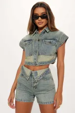 Color Block Short Sleeve Denim Two Piece Shorts Set YMEF-53085