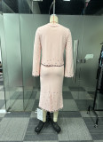 Plus Size V Neck Hot Drill Long Sleeve Split Skirts Two-piece Set NY-3591