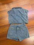Color Block Short Sleeve Denim Two Piece Shorts Set YMEF-53085