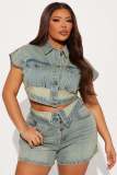 Color Block Short Sleeve Denim Two Piece Shorts Set YMEF-53085