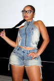 Sleeveless Zipper Denim Two Piece Short Set YMEF-53095