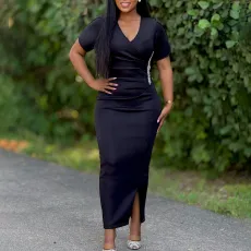 Plus Size V Neck Solid Color Hot Drill Maxi Dress GATE-579