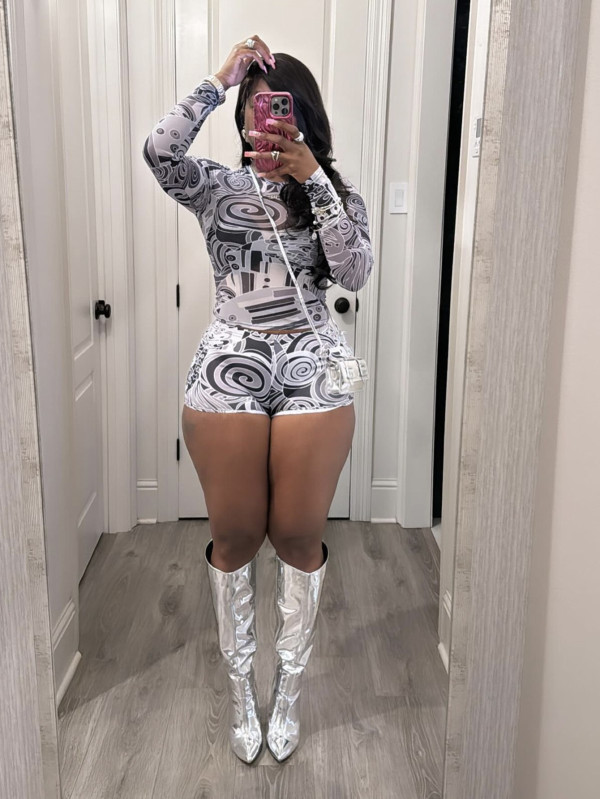 Long Sleeve Print Mesh Tight Pants Suit YWXS-XS-XSL44275