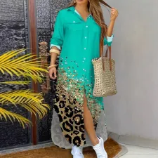 Plus Size Lapel Contrast Color Long Shirt Dress OSIF-8966
