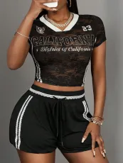 Letter Print V Neck Two Piece Shorts Set GBGF-6616