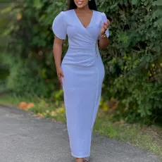 Plus Size V Neck Solid Color Hot Drill Maxi Dress GATE-579