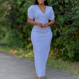 Plus Size V Neck Solid Color Hot Drill Maxi Dress GATE-579