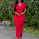 Plus Size V Neck Solid Color Hot Drill Maxi Dress GATE-579
