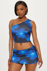 Print Single Shoulder Two Piece Skirts Set GBGF-5081