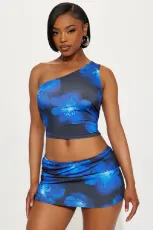 Print Single Shoulder Two Piece Skirts Set GBGF-5081