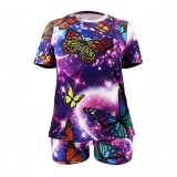 Plus Size Butterfly Print Short Sleeve Shorts Set OSIF-8968