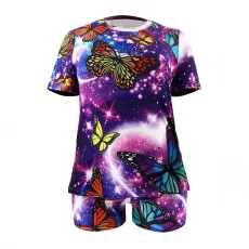 Plus Size Butterfly Print Short Sleeve Shorts Set OSIF-8968